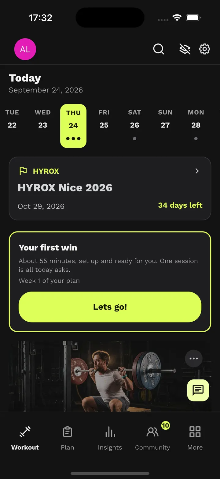 The Relentless app: today's session, set up and ready, with the days left to a HYROX race.